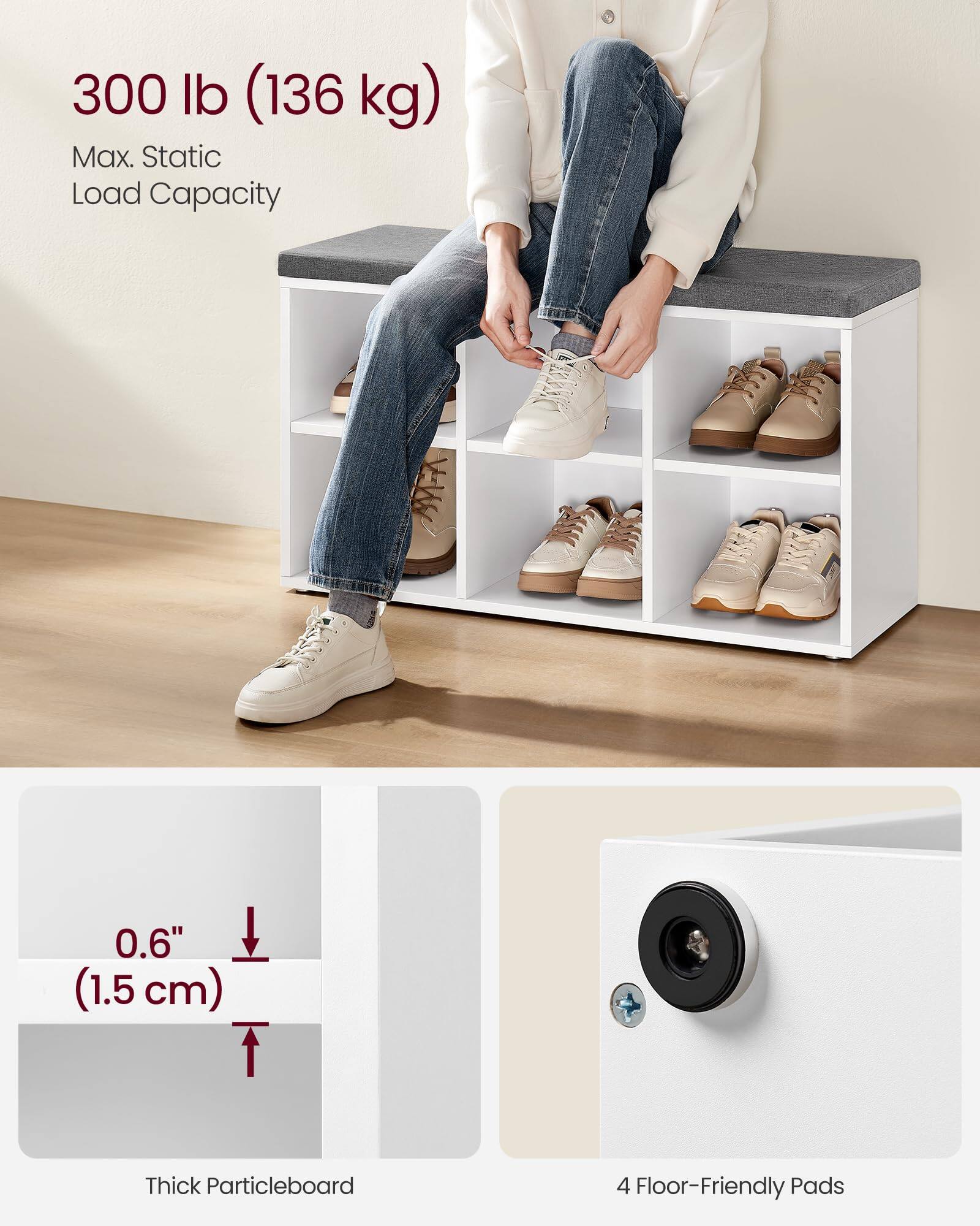 300 lb (136 kg)  
Max. Static Load Capacity  

0.6" (1.5 cm) Thick Particleboard  

4 Floor-Friendly Pads