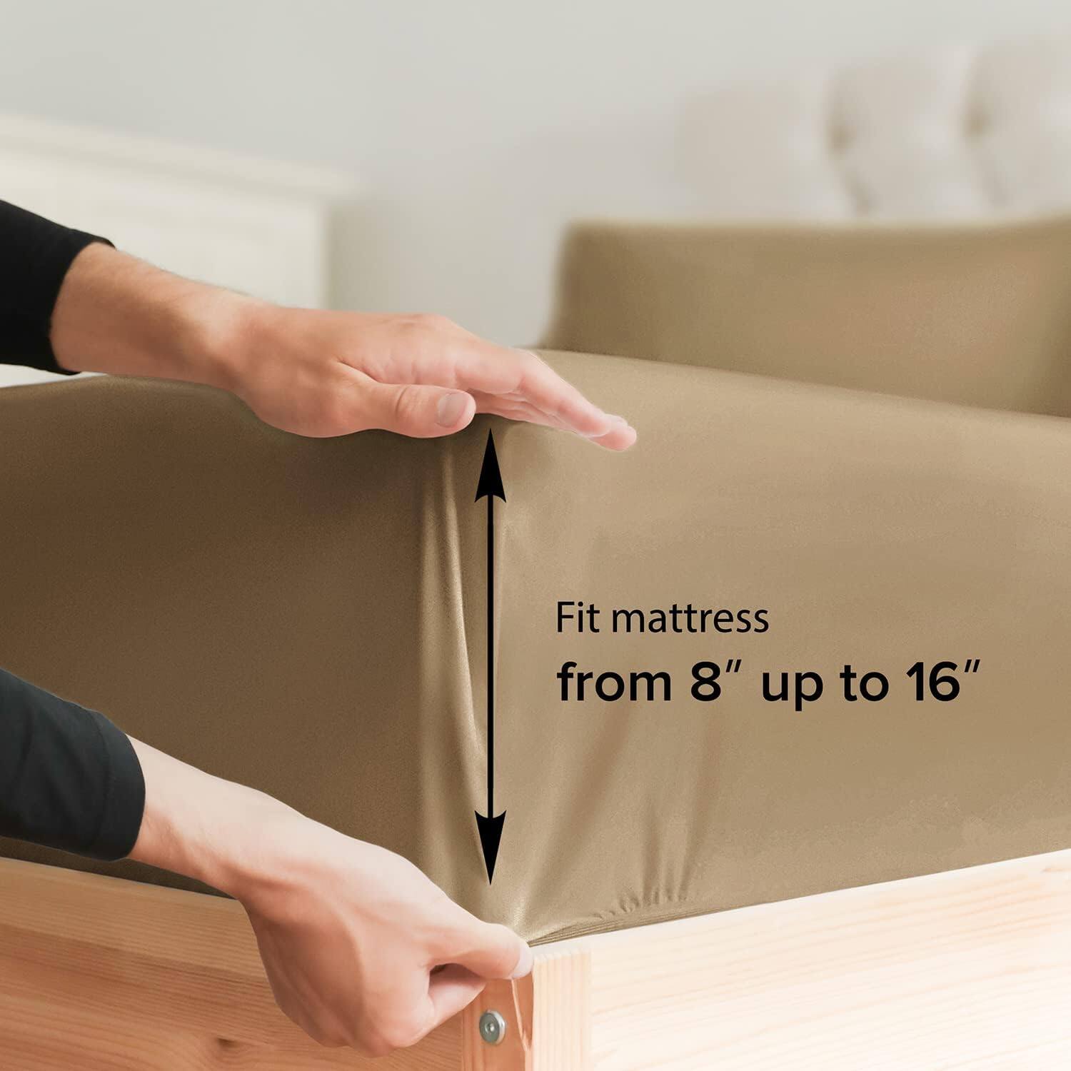 CGK Linens - 100% Cotton Sateen 400 TC Fitted Sheet Only - Deep Pocket for 8"-16" Mattresses - Queen - Beige