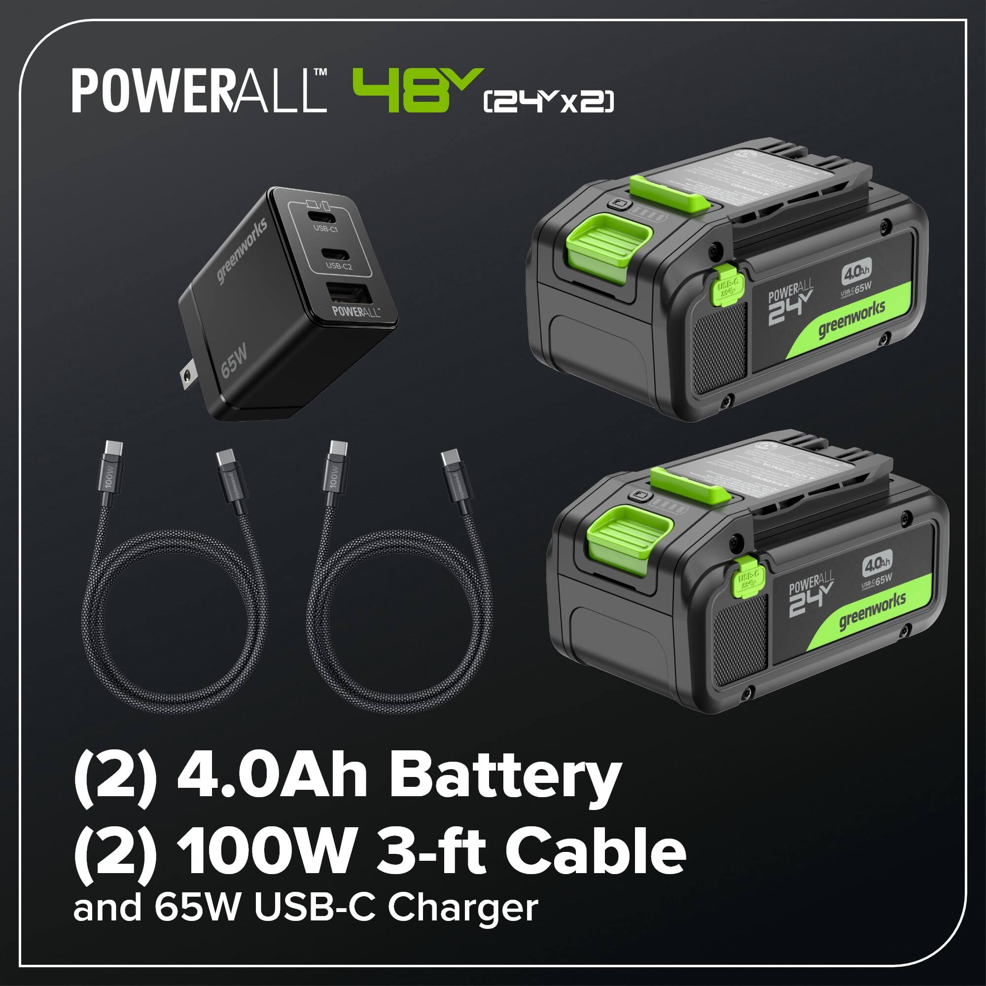 POWERALL 48Y (24Y x 2)  
greenworks  
65W  
UNA-CA  
UNC  
POWERALL 40  
C  
W  
POWERALL 24  
greenworks 40  
1C  
POWERALL -e 24  
greenworks (2)  
4.0Ah Battery (2)  
100W 3-ft Cable and 65W USB-C Charger