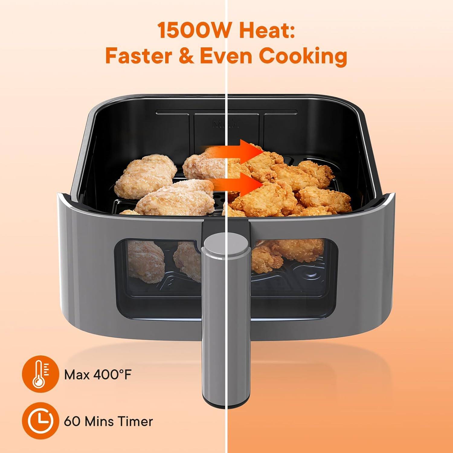 1500W Heat: Faster & Even Cooking  
Max 400°F  
60 Mins Timer