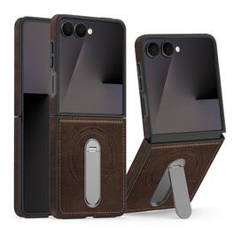 Dteck - Magnetic Case for Samsung Galaxy Z Flip8 Shockproof PU Leather Slim Kickstand Cover - Coffee