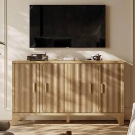 SKONYON - 55'' Mid-Century Modern Buffet Cabinet with Storage and Fluted Doors, 4-Door Sideboard for Kitchen or Living Room - Oak