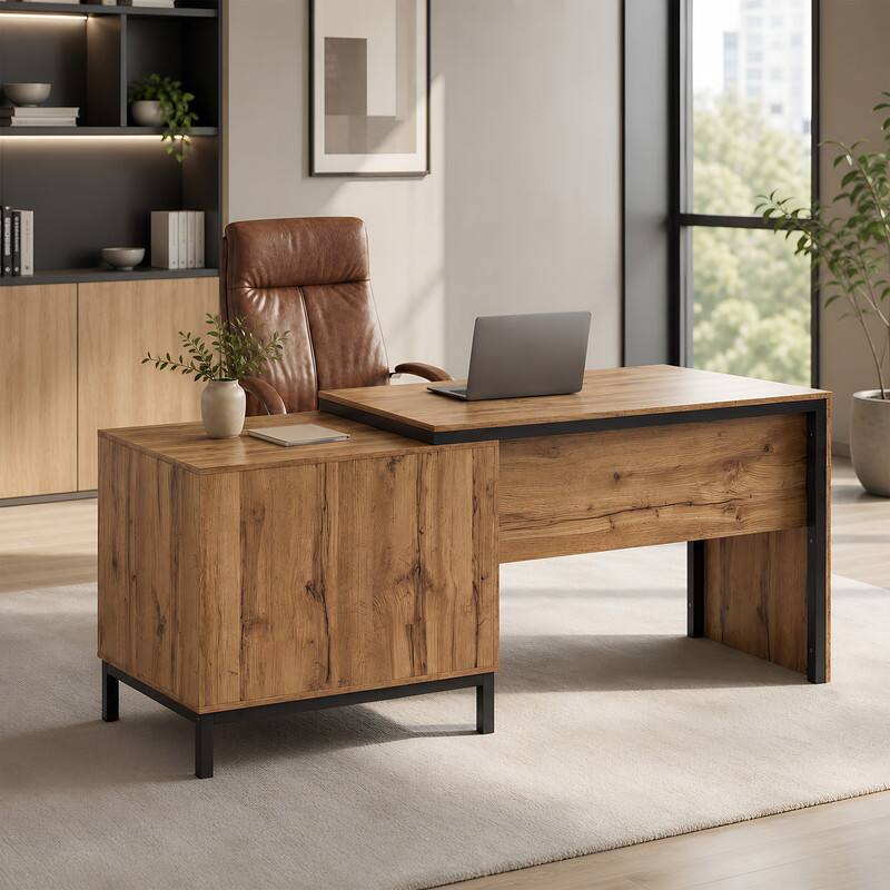 Angle. WELLFOR - 71" Computer Desk with Drawers &  Cabinet, Modern Large Executive Desk, Wood Writing Desk for Home Office - Natural.