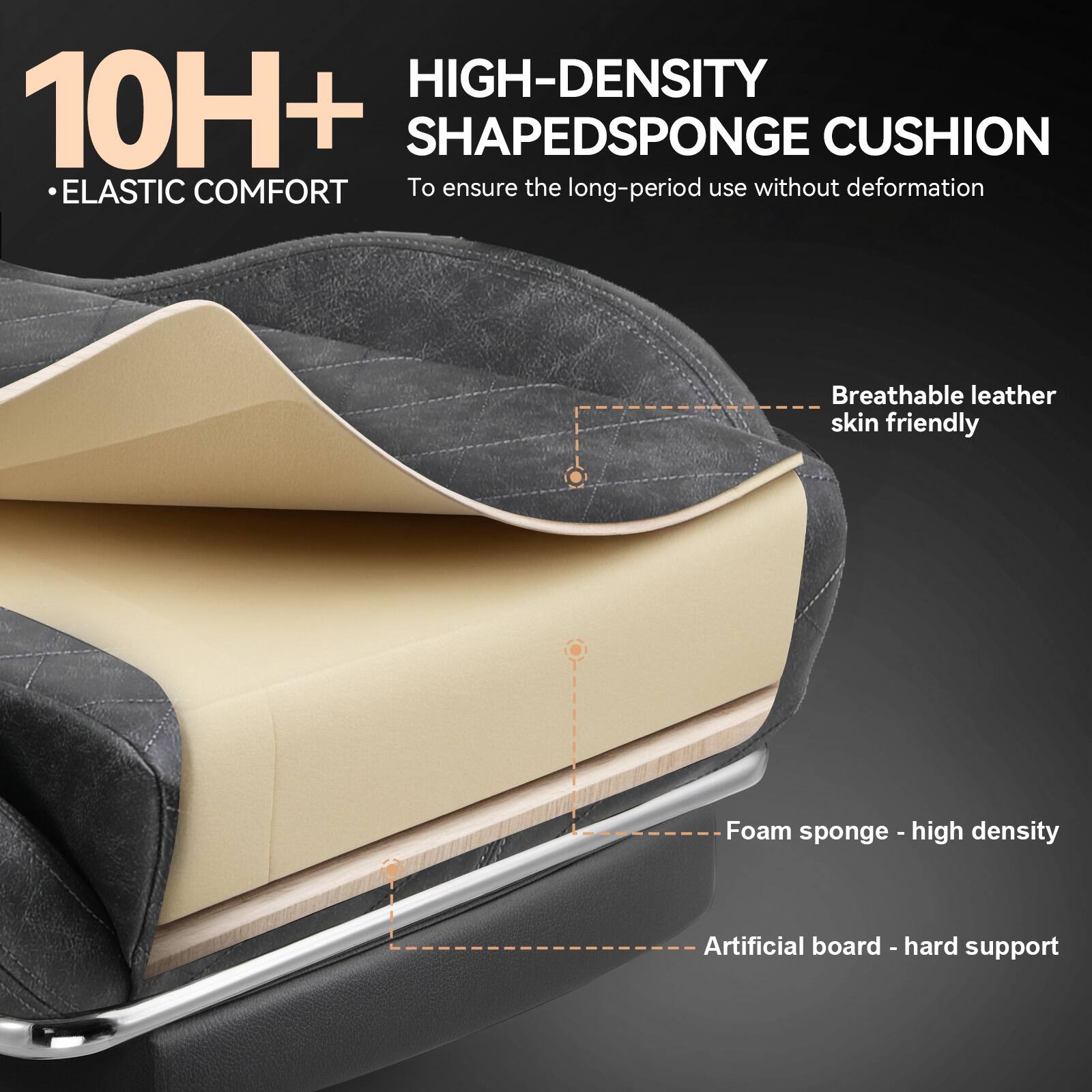 10H+  
ELASTIC COMFORT  

HIGH-DENSITY SHAPED SPONGE CUSHION  
To ensure the long-period use without deformation  

- Breathable leather skin friendly  
- Foam sponge - high density  
- Artificial board - hard support