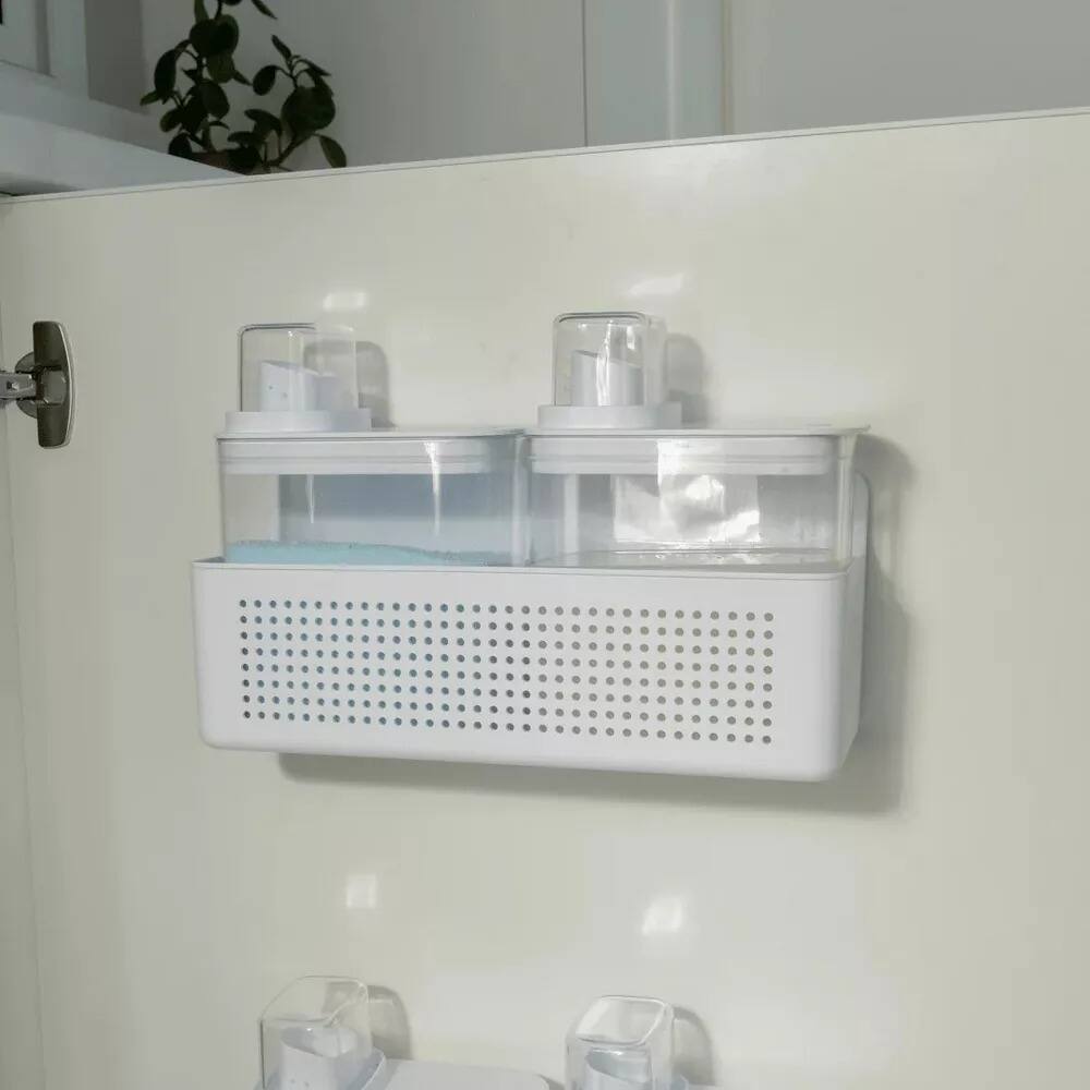 Angle. OU - Laundry Detergent Dispenser Set with Wall Rack, 50 oz & 77 oz Soap/Fabric Softener Dispensers with Measuring Cap - White.