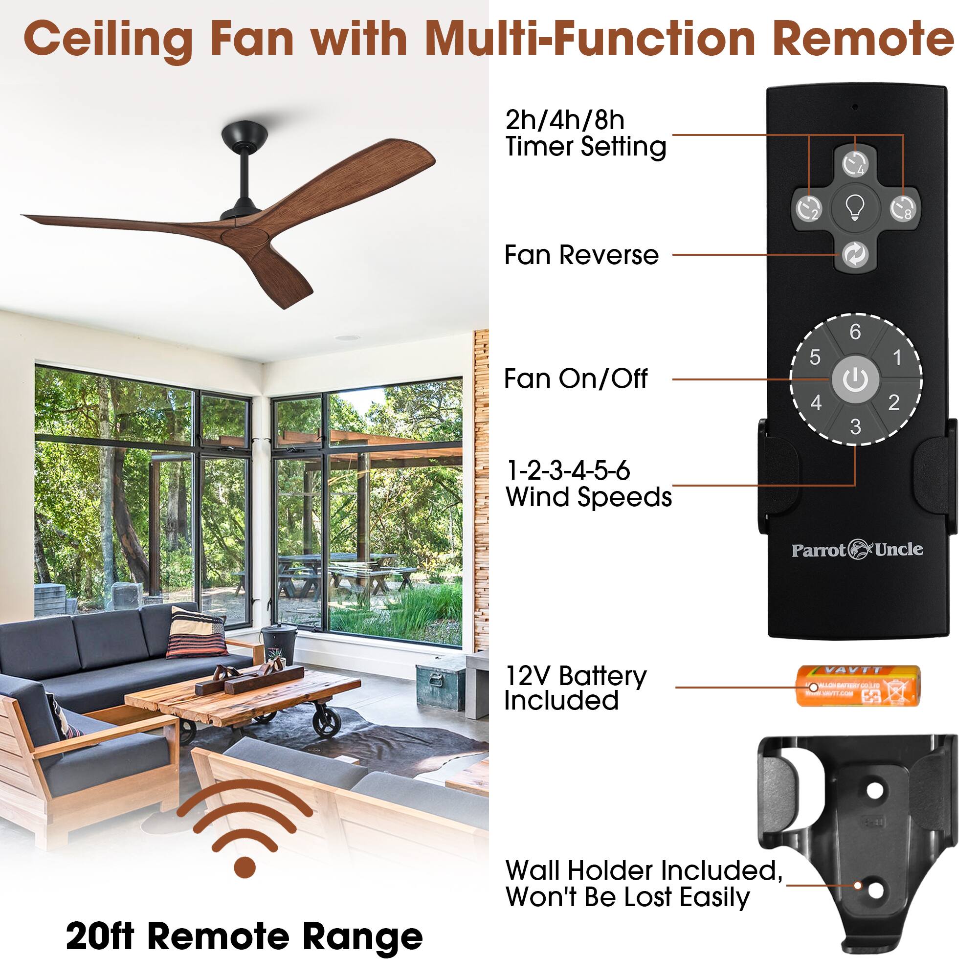 Ceiling Fan with Multi-Function Remote

- 2h/4h/8h Timer Setting
- Fan Reverse
- Fan On/Off
- 1-2-3-4-5-6 Wind Speeds
- 12V Battery Included
- 20ft Remote Range
- Wall Holder Included, Won't Be Lost Easily

Parrot Uncle

VAVIT