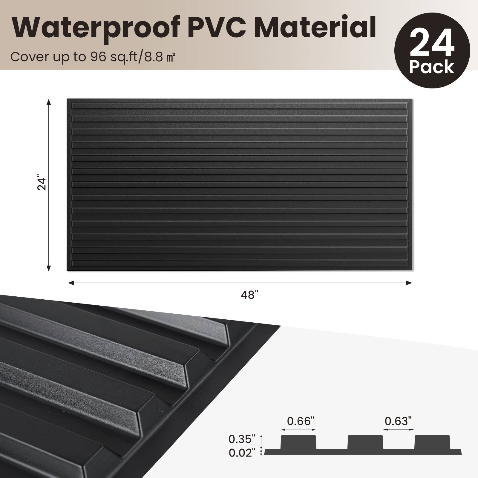 Waterproof PVC Material  
Cover up to 96 sq.ft/8.8 m²  
24 Pack  
24" x 48"  
0.35" x 0.02" x 0.66" x 0.63"