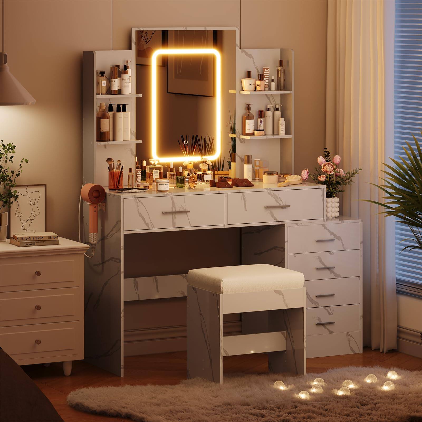 Acekool - Vanity Desk with Lighted Mirror, Power Outlet, 6 Drawers, 4 Open Shelves, Lighted Make Up Table and Padded Stool - Marble White