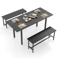 Costway 3 Piece Dining Table Set for 4-6  63"Kitchen Table with 2 Benches Metal Frame - Black - Front_Zoom