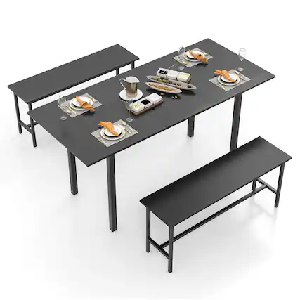 Front. Costway - 3 Piece Dining Table Set for 4-6 63"Kitchen Table with 2 Benches Metal Frame Black - Black.