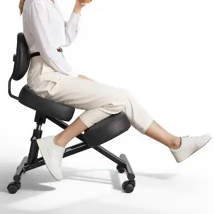Front. VEVOR - Ergonomic Kneeling Chair with Backrest & Wheels, Mobile X-Shaped Posture Knee Chair with Adjustable Height - Black.