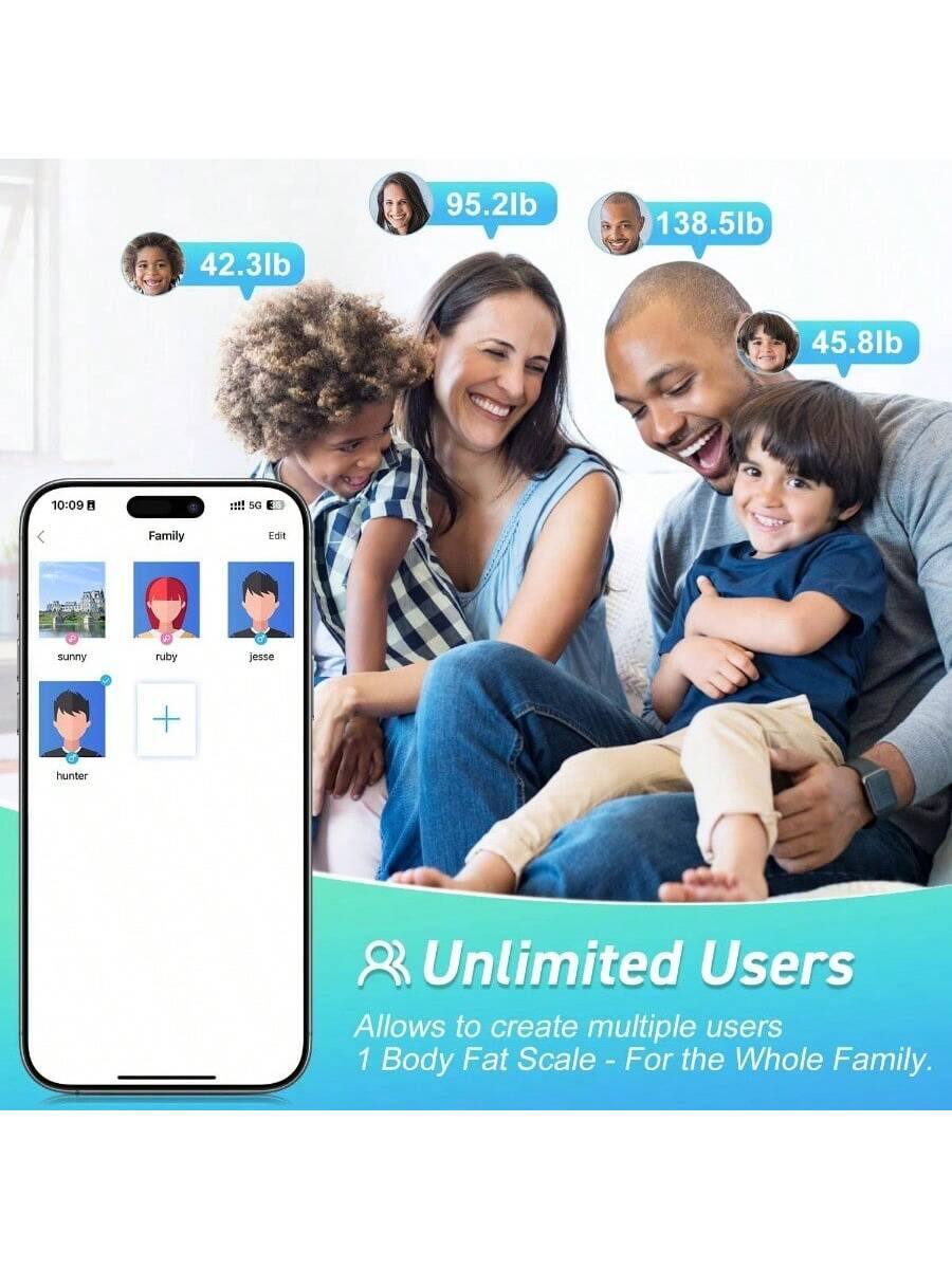 42.3lb 95.2lb 138.5lb 45.8lb  
10:09 M  
SG Family Edit  
N sunny ruby jesse + hunter  
Unlimited Users  
Allows to create multiple users  
1 Body Fat Scale - For the Whole Family.