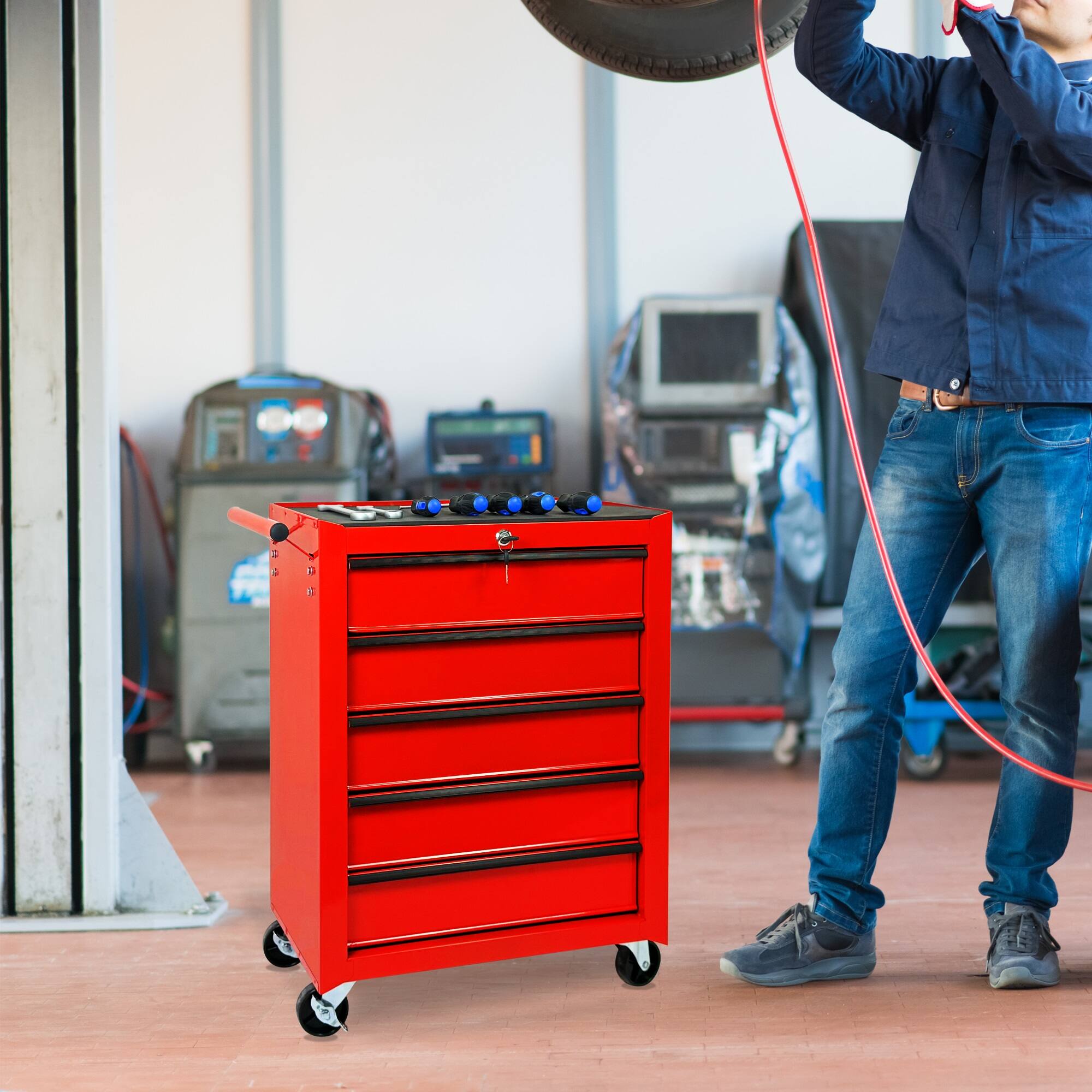 Alt View 4. Boyel Living - RED Rolling Metal Tool Chest with 5 Drawers, 20" 5-Drawer Tool Chest Cabinet.