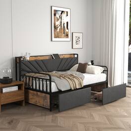 GOODSILO - Modern Twin Daybed with Upholstered Headboard, Built-in Charging Station, Storage Drawers, and RGB LED Lighting - Black+Brown+Grey