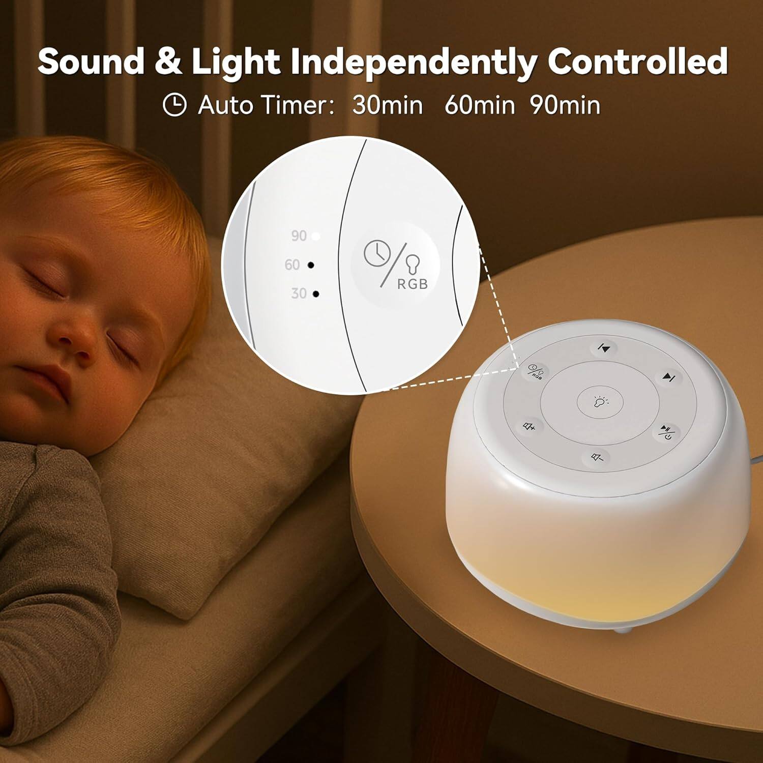 Sound & Light Independently Controlled  
Auto Timer: 30min 60min 90min  
RGB DI + H