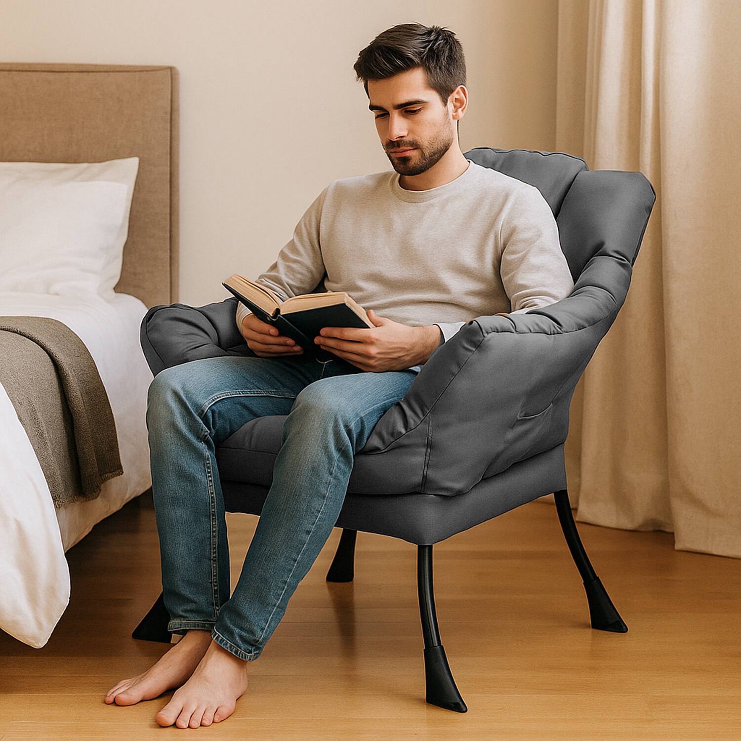 Angle. Hivvago - Soft Fabric Lounge Chair with Sturdy Metal Frame and Pocket - Grey.