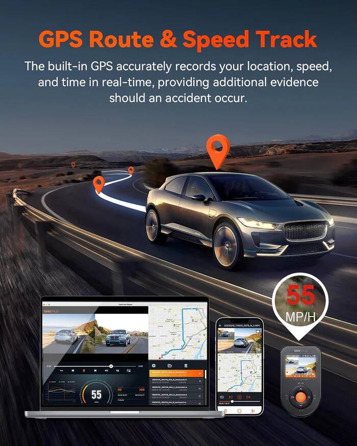 GPS Route & Speed Track

The built-in GPS accurately records your location, speed, and time in real-time, providing additional evidence should an accident occur.