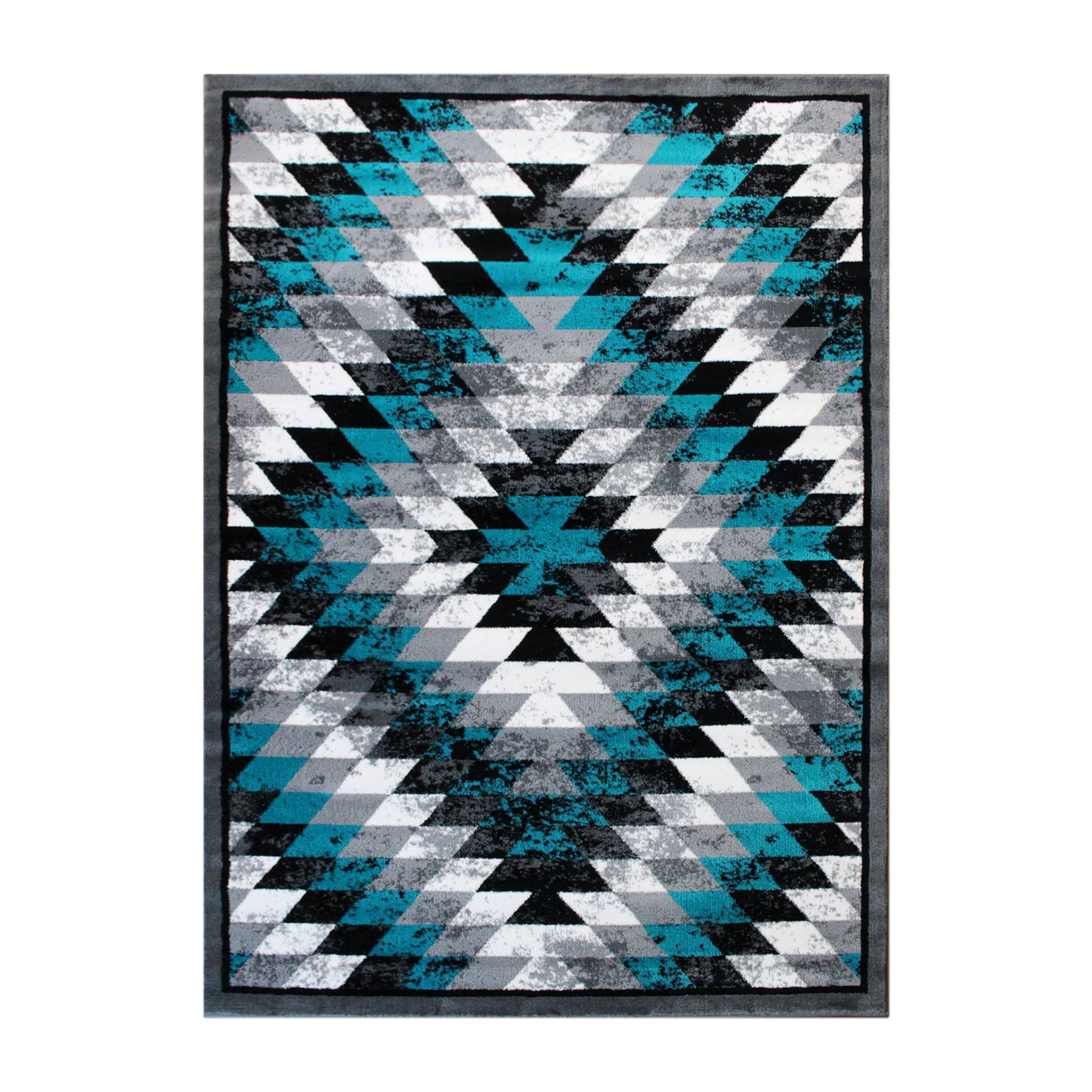 Alt View 1. Emma + Oliver - Tucson Distressed Southwestern Diamond Motif Plush Pile Olefin Accent Rug - Jute Backing - Turquoise.