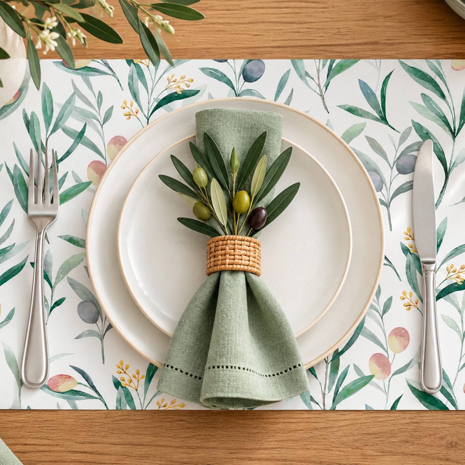 Alt View 1. Frieling - Davanti by  Casa Rectangular Vinyl Placemat, 17" x 13", Watercolor Olive Branch Print - Olive.