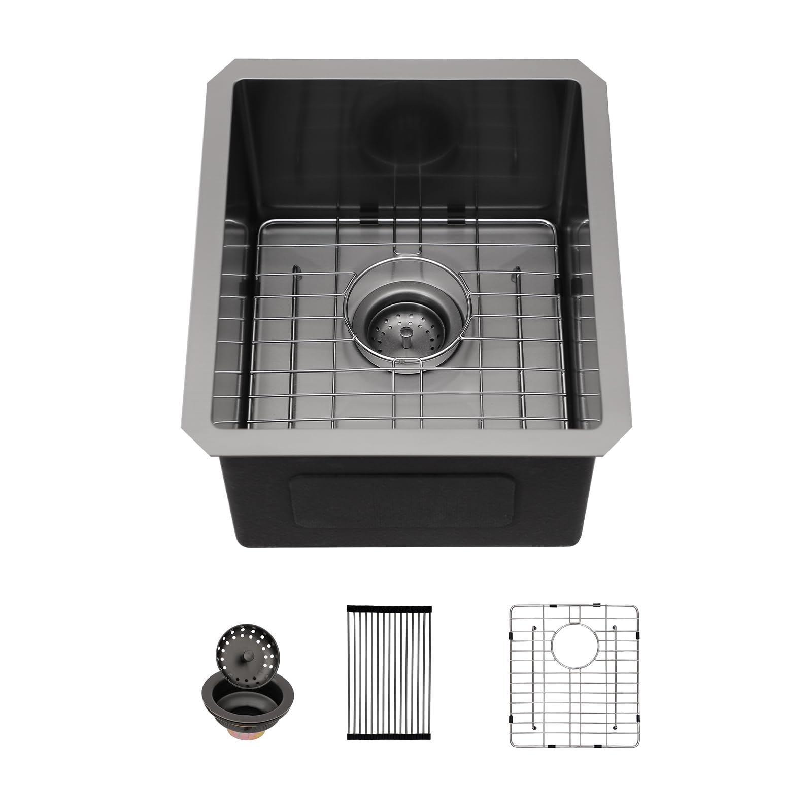 Angle. Siljoy - Gunmetal Black Kitchen Sink - 15"x 17"x 10" Undermount Singel Bowl basin 16 Gauge Stainless Steel with 10 Inch Deep - Gunmetal Black.