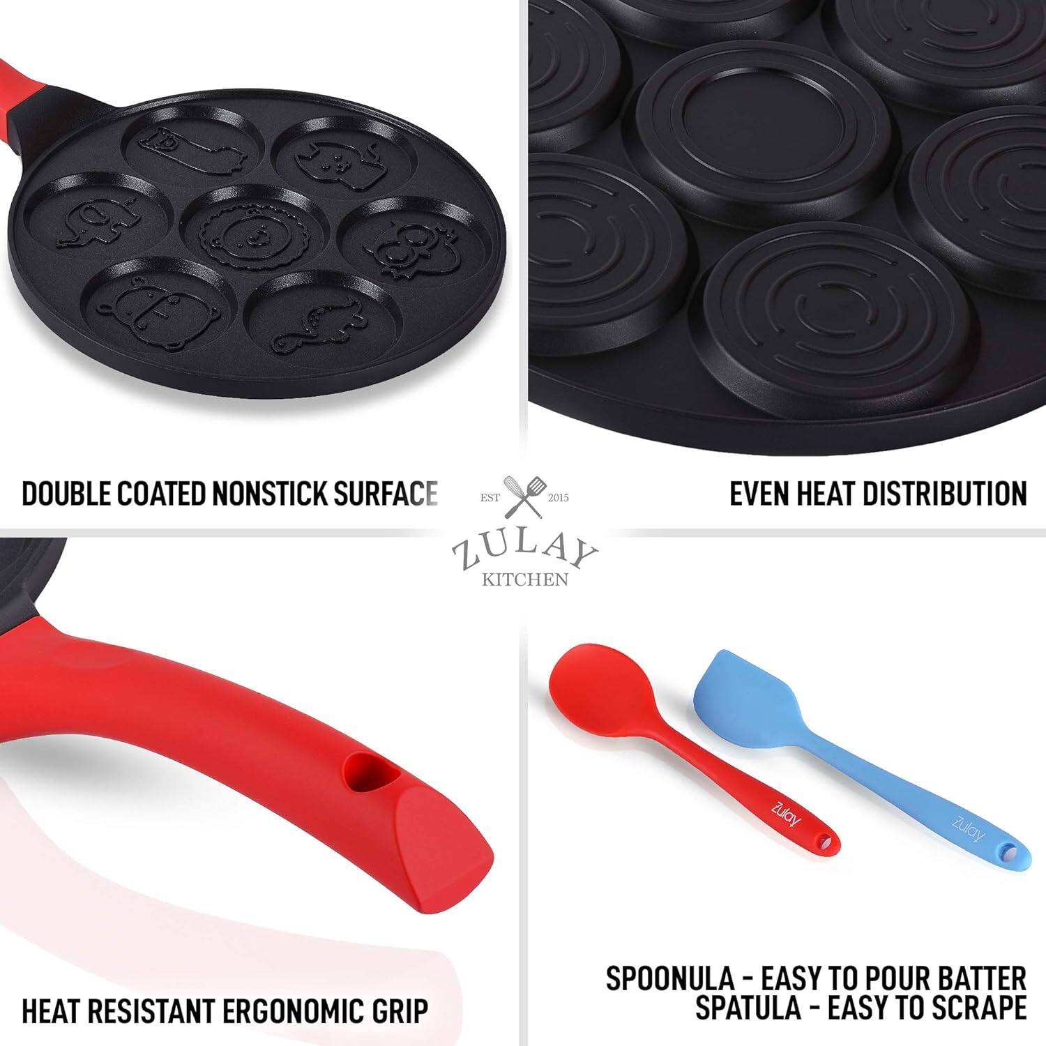 - DOUBLE COATED NONSTICK SURFACE
- EVEN HEAT DISTRIBUTION
- HEAT RESISTANT ERGONOMIC GRIP
- SPOONULA - EASY TO POUR BATTER
- SPATULA - EASY TO SCRAPE