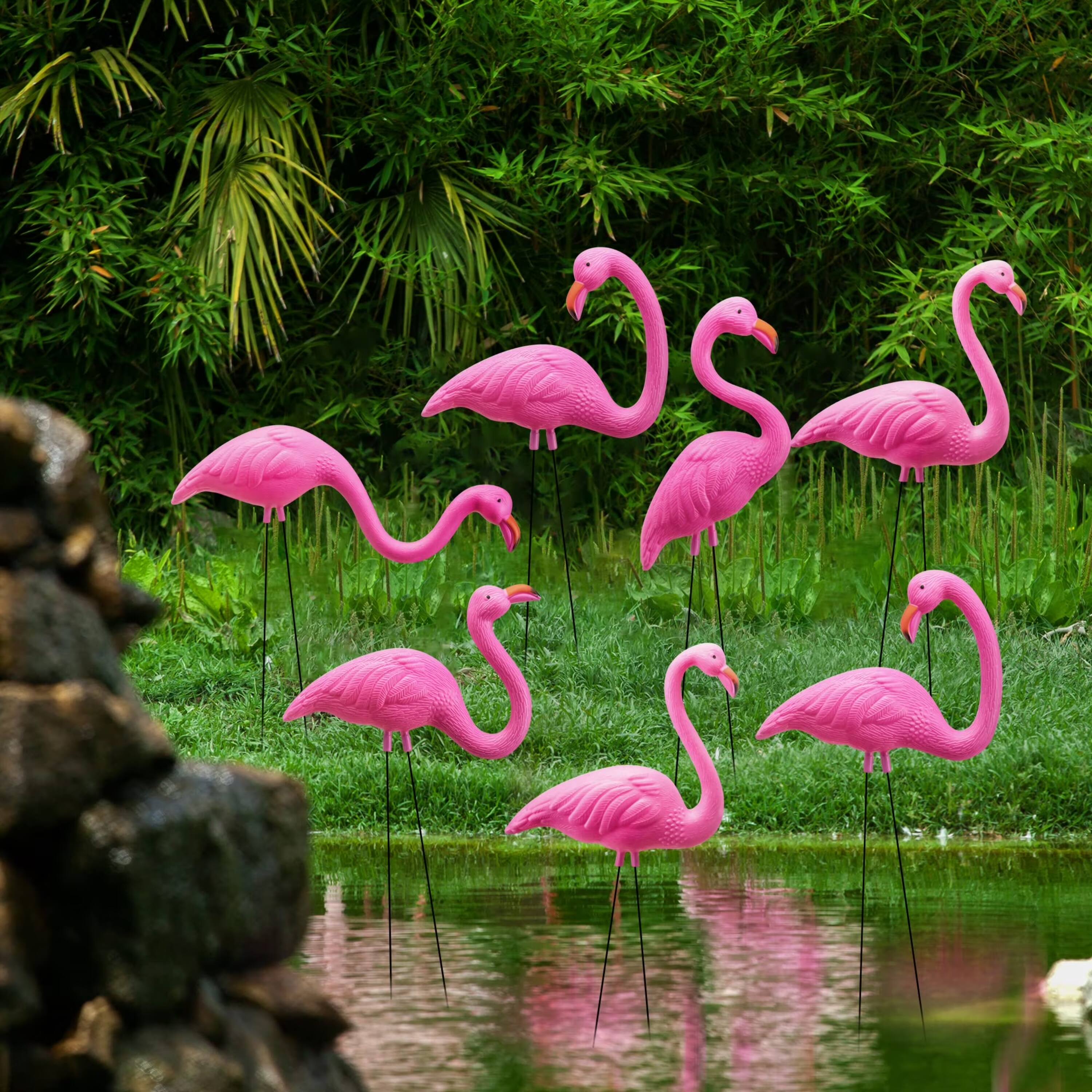 Alt View 4. Joyfy - 10 Pack Small Pink Flamingo Yard Ornaments, Mini Lawn Statues with Metal Legs for Outdoor Garden Luau Decor.