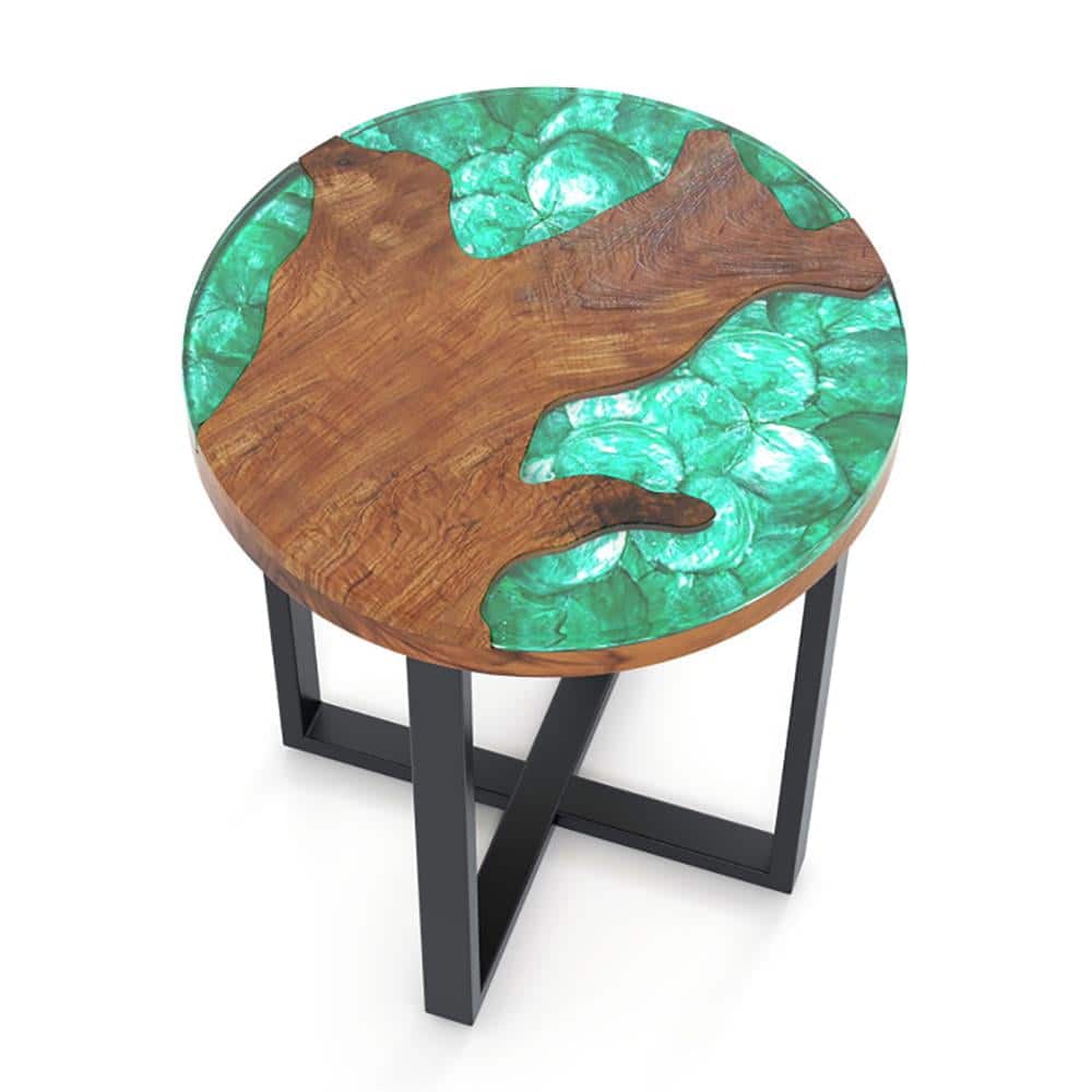 Kadyn - Sofa Side End Table, End Table, Couch Table,Solid Live Edge Round Teak Wood Outdoor End Table with Epoxy Resin Tabletop - Green