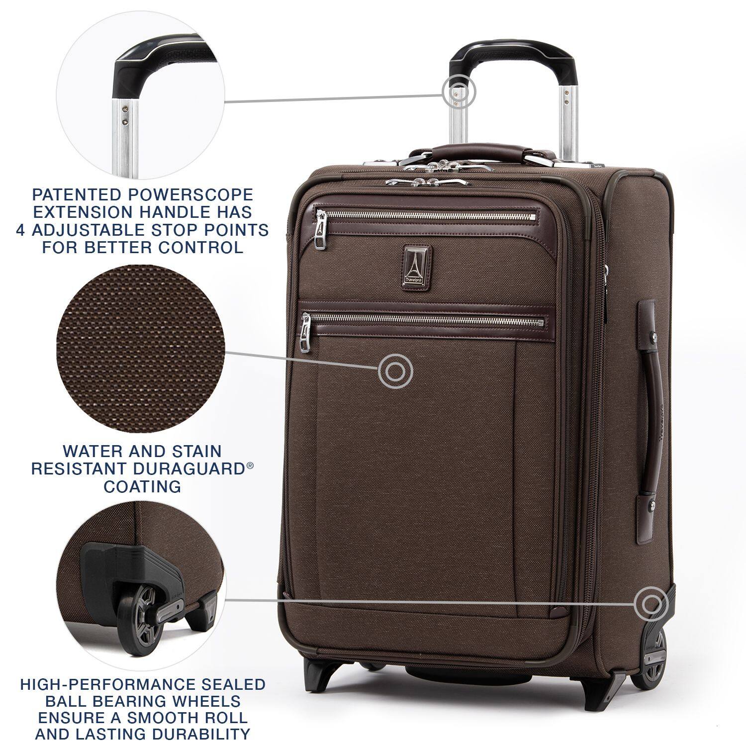 PATENTED POWERSCOPE EXTENSION HANDLE HAS 4 ADJUSTABLE STOP POINTS FOR BETTER CONTROL  
WATER AND STAIN RESISTANT DURAGUARD COATING  
HIGH-PERFORMANCE SEALED BALL BEARING WHEELS ENSURE A SMOOTH ROLL AND LASTING DURABILITY