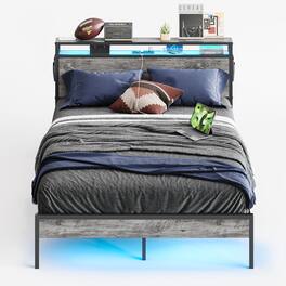 Bestier - Queen Size Bed Frame Platform Bed with Storage Headboard LED Lights and Charging Station - Gray