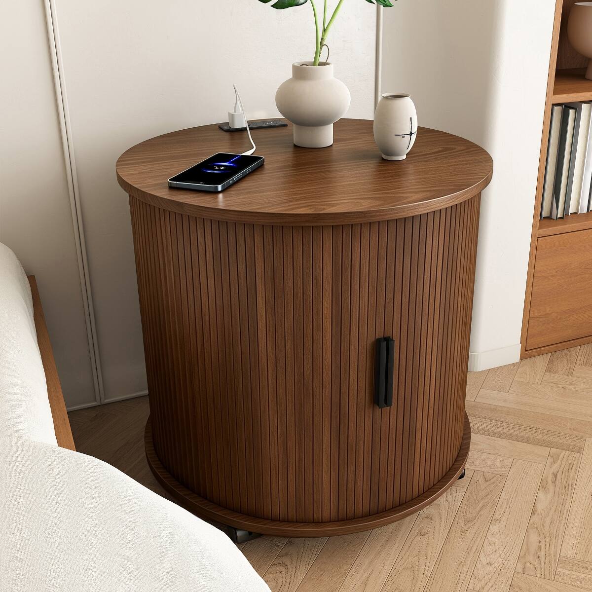 Alt View 8. Loheer - Loheer Set of 2 Walnut Nightstands with Built-In Charging Stations and Sliding Doors - Walnut.