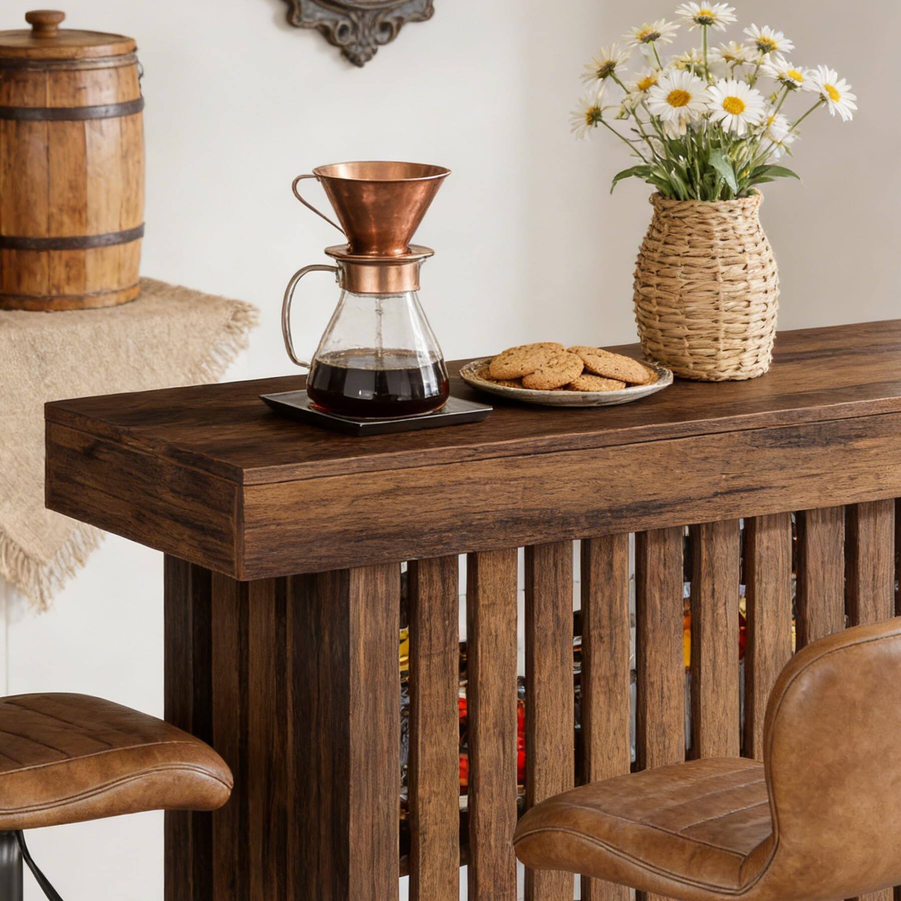 Left. Tribesigns - 63-Inch Bar Table with Footrest and 2-Tier Storage Shelves for Kitchen or Home Bar - Rustic Brown.