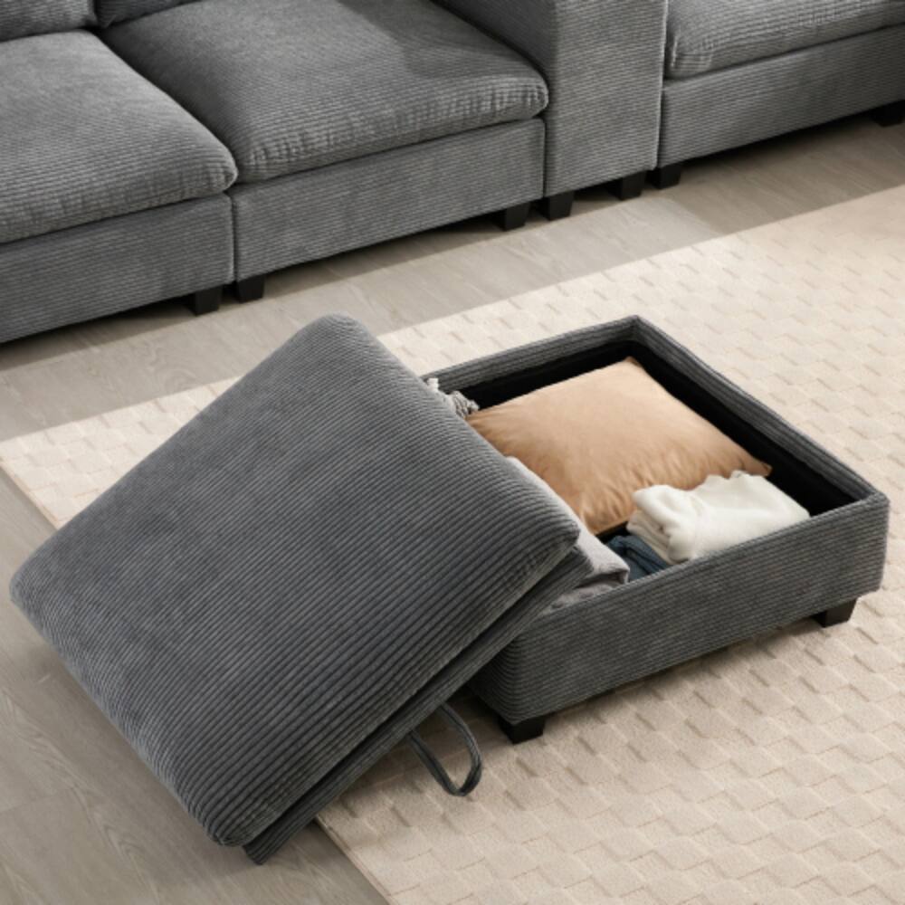 Alt View 5. LUCKY ONE - 139" U-Shape Modular Corduroy Sectional Sofa w/ Console USB Charger Storage Ottoman - Gray.