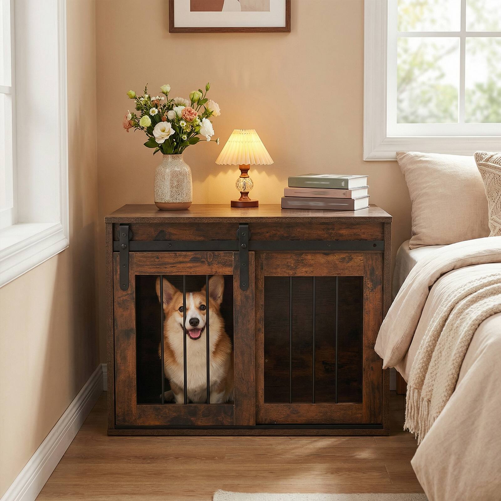Alt View 3. Gymax - Gymax Dog Crate Furniture 31.5'' Heavy Duty Dog Kennel w/Sliding Barn Door Metal Frame Rustic Brown.