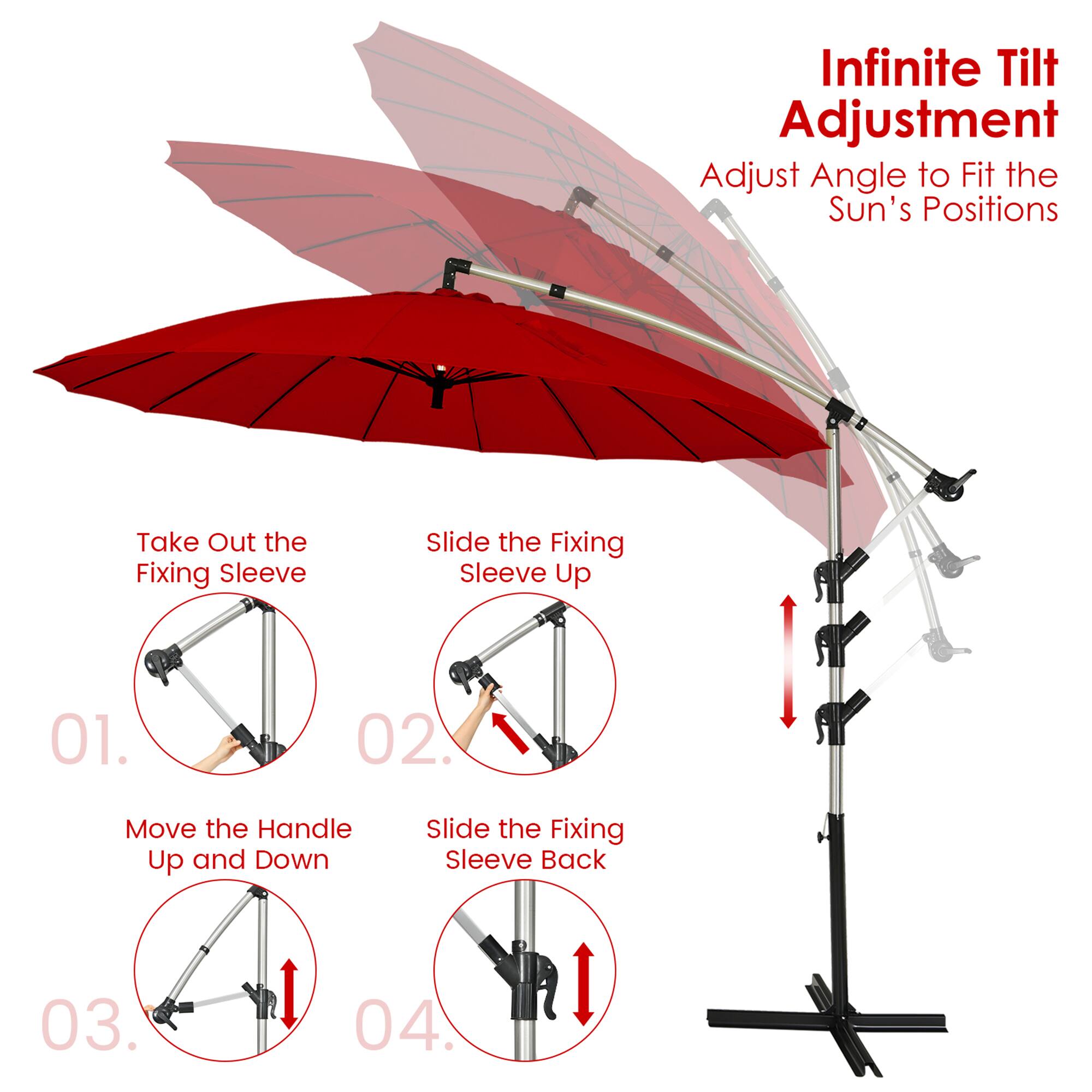 Infinite Tilt Adjustment, Adjust Angle to Fit the Sun's Positions, Take Out the Fixing Sleeve, Slide the Fixing Sleeve Up, Move the Handle Up and Down, Slide the Fixing Sleeve Back