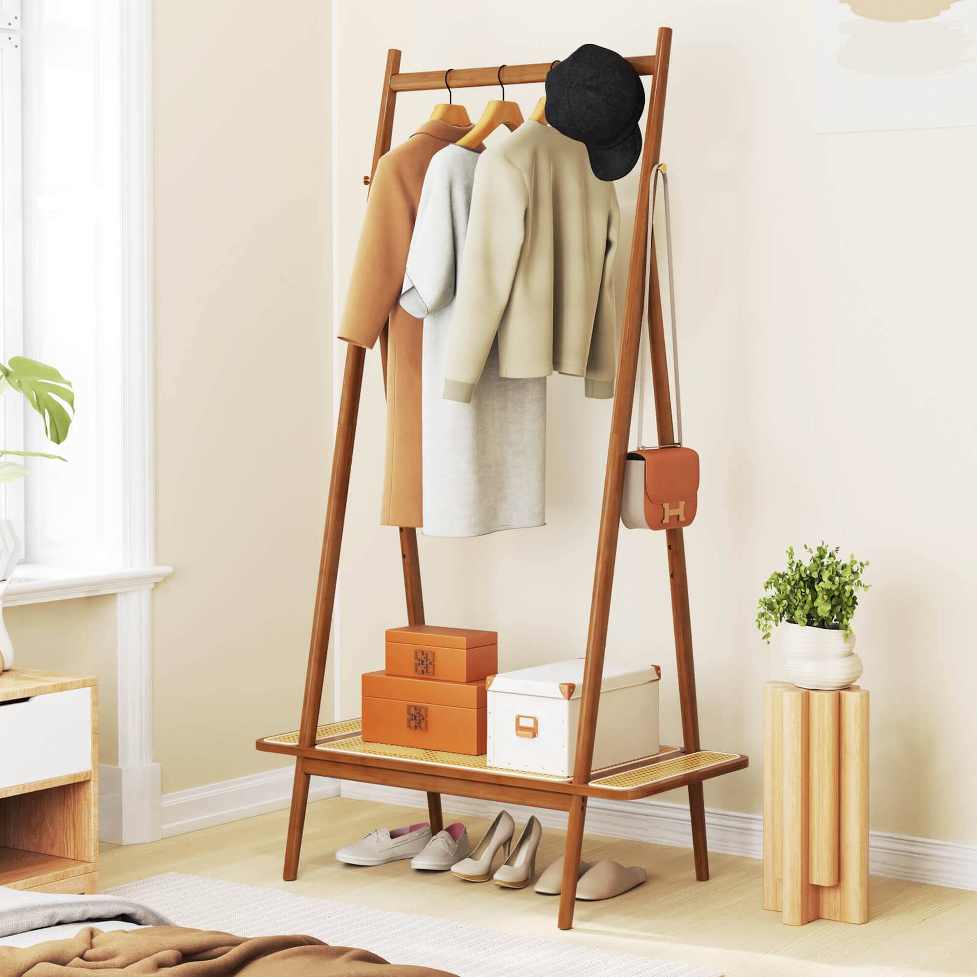 Alt View 1. Costway - Costway Bamboo Clothes Rack Clothing Rack with Hanging Rod Rattan Shelf & 5 Copper Hooks Coffee - Coffee.