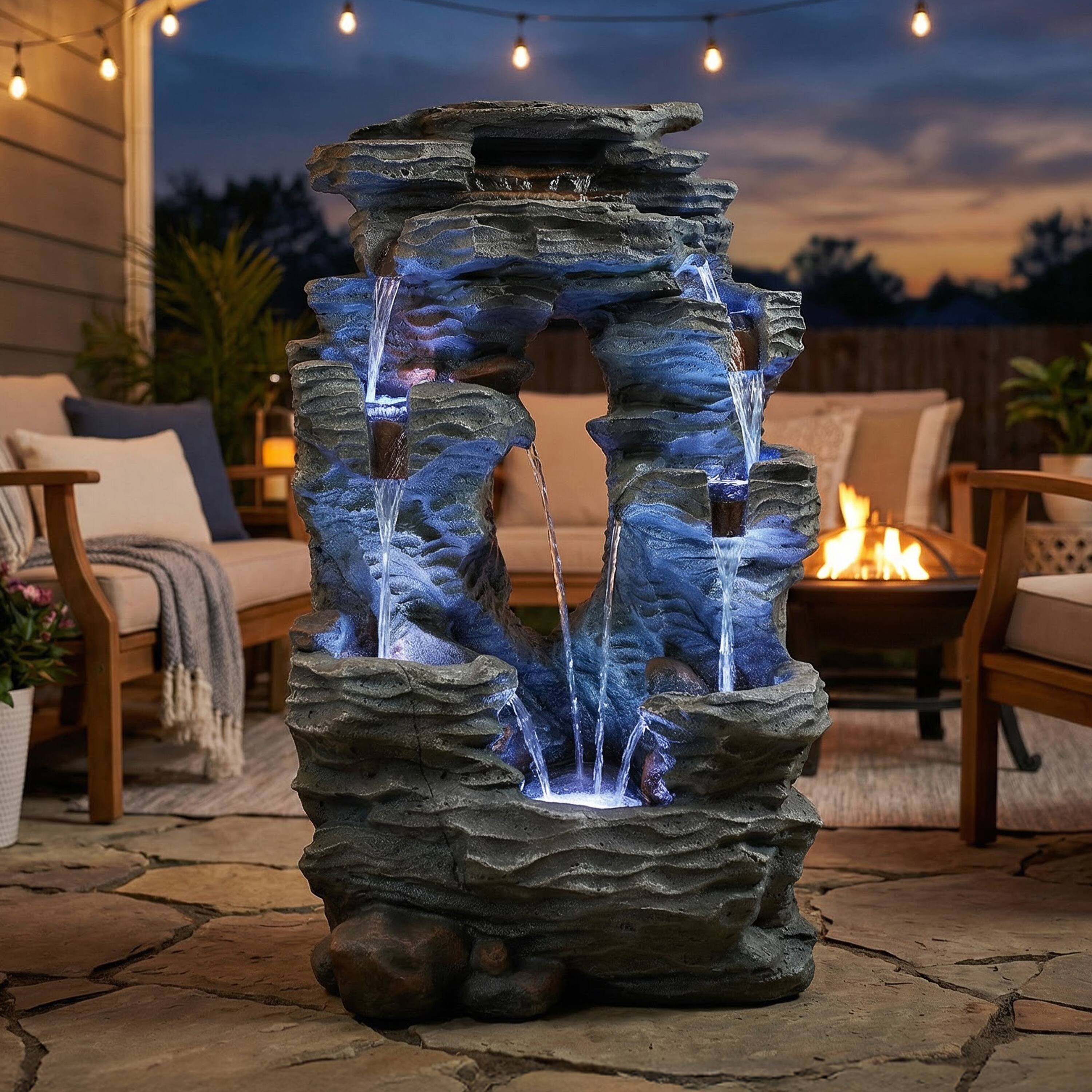 Alt View 9. Sunnydaze - Dual Cascading Rock Waterfall Fountain with LED Lights - 39 in - Grey.