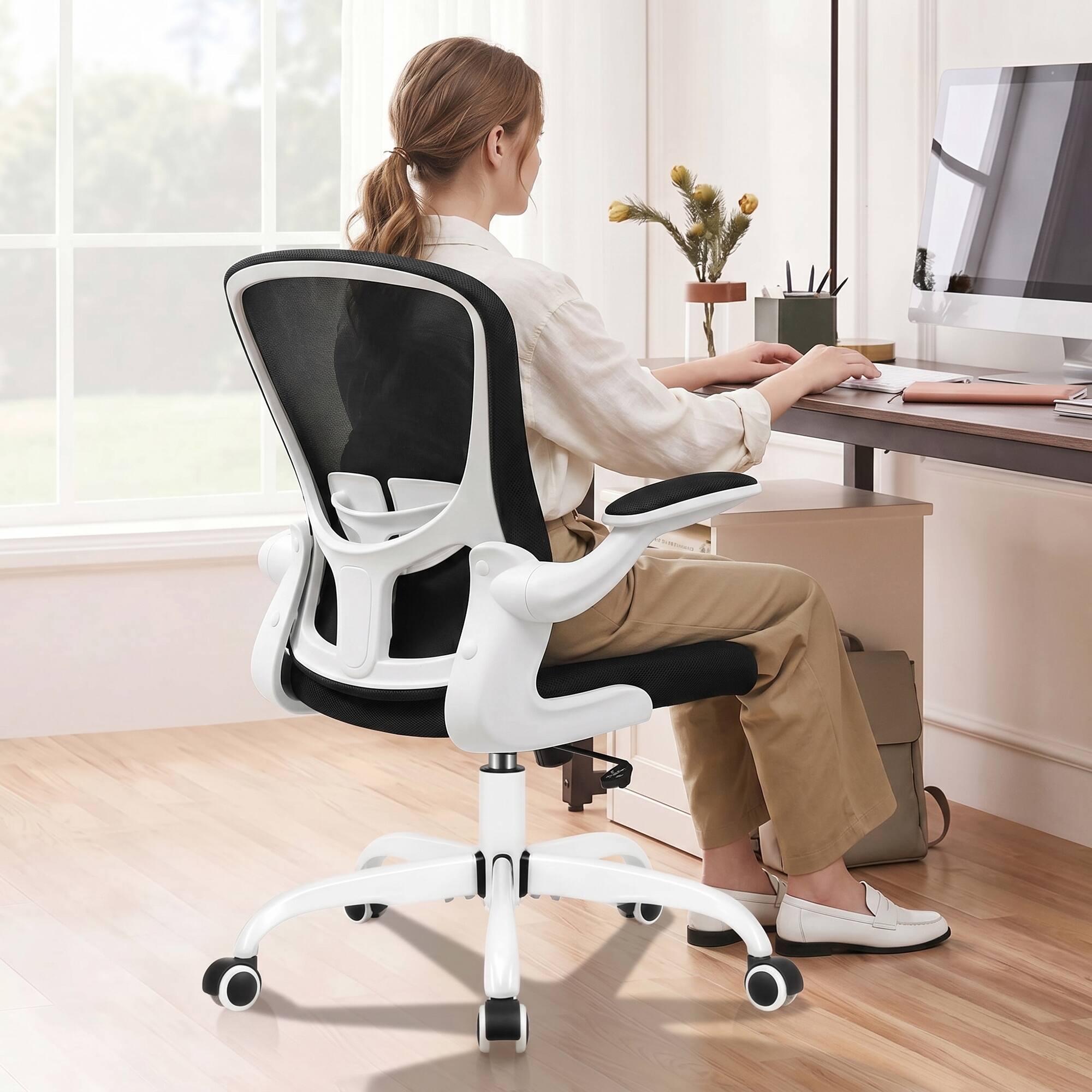 Alt View 4. KERDOM - Ergonomic Desk Chair, Swivel Computer Chair with Flip-up Arms, Adjustable Lumbar Support & Height, Breathable Mesh, Tilt - White.