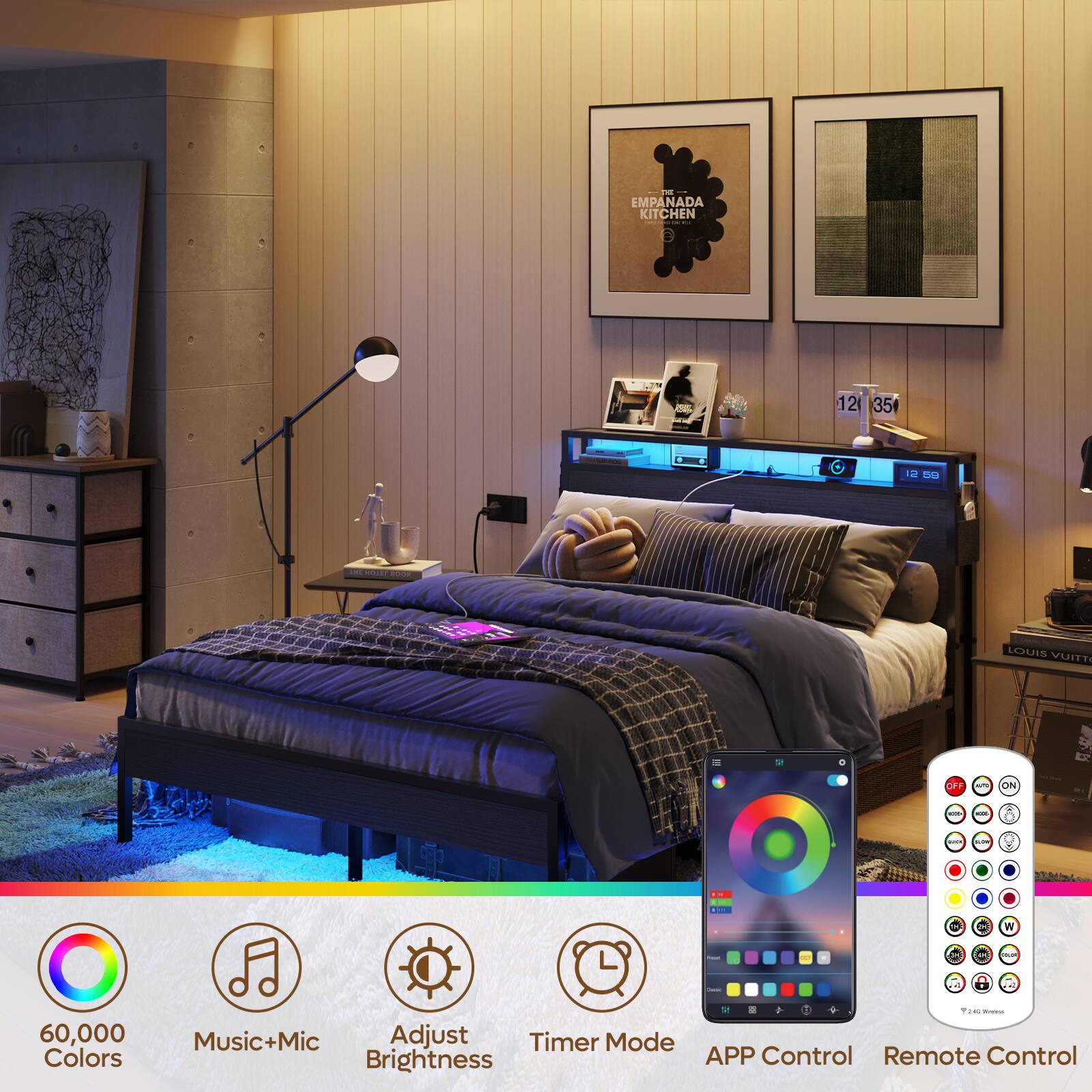 EMPANADA KITCHEN | | 12 35  d Fnd a adia LOUIS YUITT * E OFF - ON - - - - TTM W -  L . 60,000 Colors - - .. : Music+Mic Adjust Timer Mode Brightness APP Control Remote Control