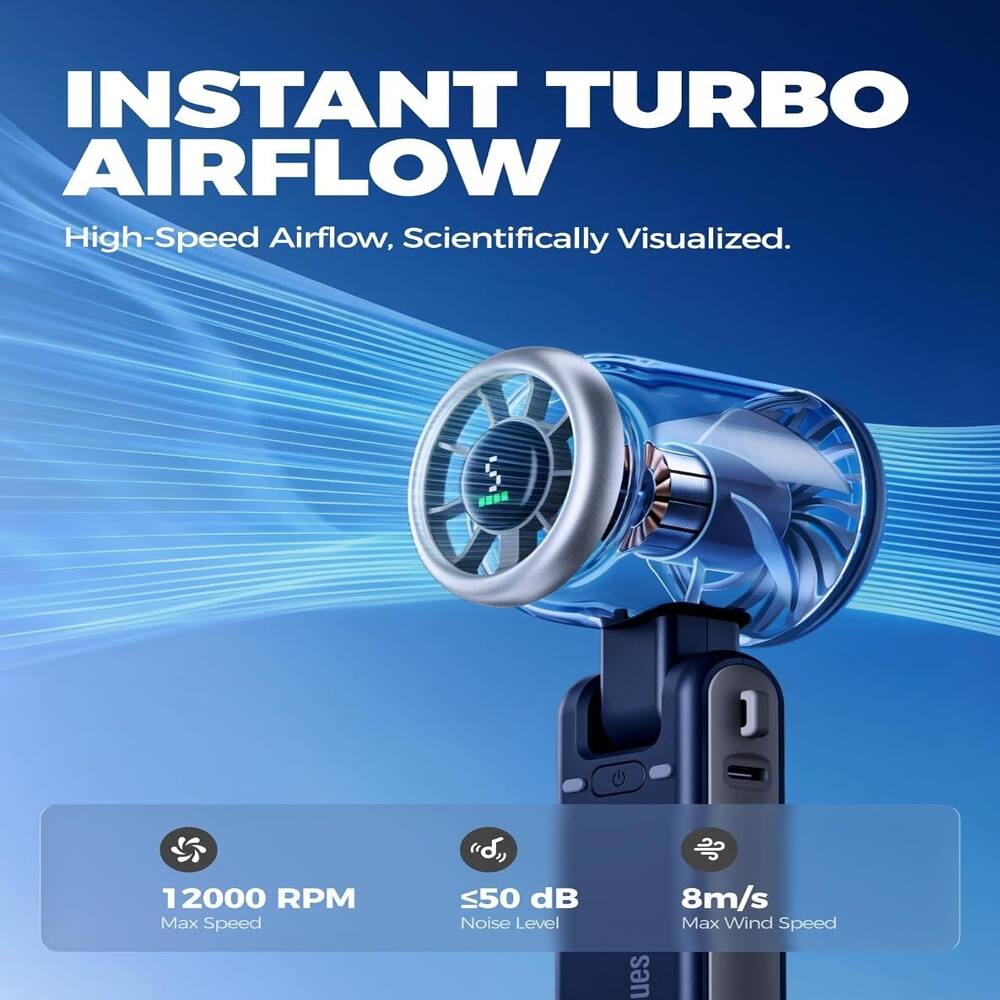 INSTANT TURBO AIRFLOW  
High-Speed Airflow, Scientifically Visualized.  

12000 RPM Max Speed  
≤50 dB Noise Level  
8m/s Max Wind Speed