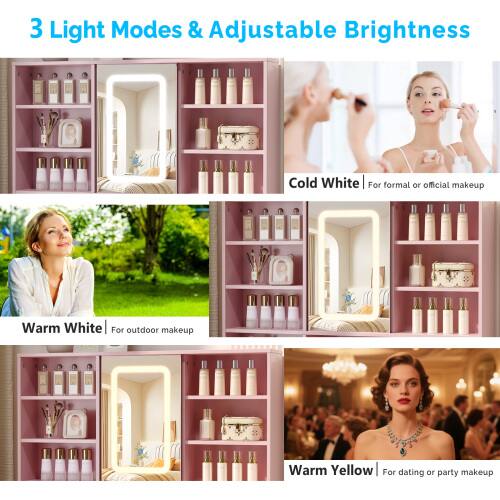 3 Light Modes & Adjustable Brightness

- Cold White: For formal or official makeup
- Warm White: For outdoor makeup
- Warm Yellow: For dating or party makeup