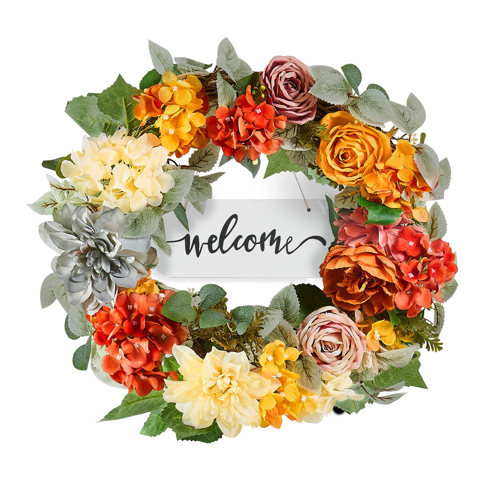 Alt View 5. VEVOR - Artificial Decorative Wreath, 24 in, Red Orange Yellow, Decorated with Hydrangeas, Roses, Wooden Sign, Year Round Wreath - Red, Orange, Yellow.