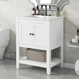 Whisen - 24-Inch Freestanding Bathroom Vanity with Ceramic Sink and Open Style Shelf - White
