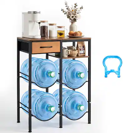 Front. VEVOR - Water Jug Holder, 4 Tiers Double Rows 3 and 5 Gallon Water Bottle Holder for 4 Bottles, Heavy Duty Jug Rack Organizer - Black;Brown.