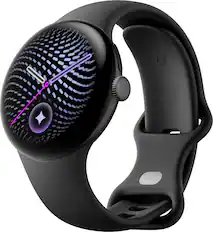 Front. Google - Pixel Watch 5 (45mm) - Wi-Fi - Matte Black Case - Obsidian Band.