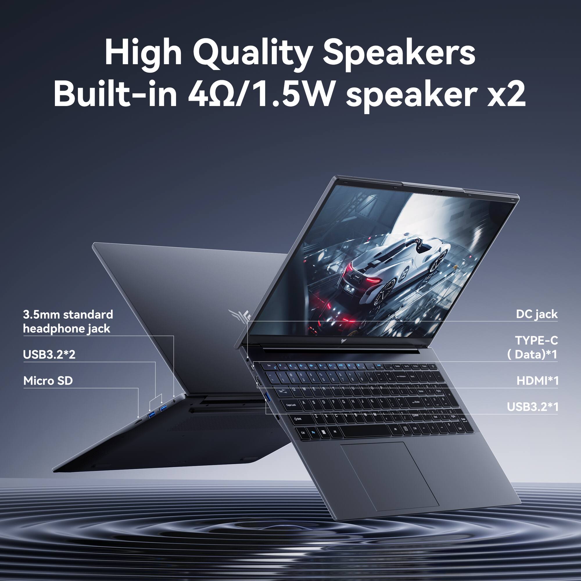 High Quality Speakers Built-in 4Ω/1.5W speaker x2

3.5mm standard headphone jack
USB3.2*2
Micro SD

DC jack
TYPE-C (Data)*1
HDMI*1
USB3.2*1