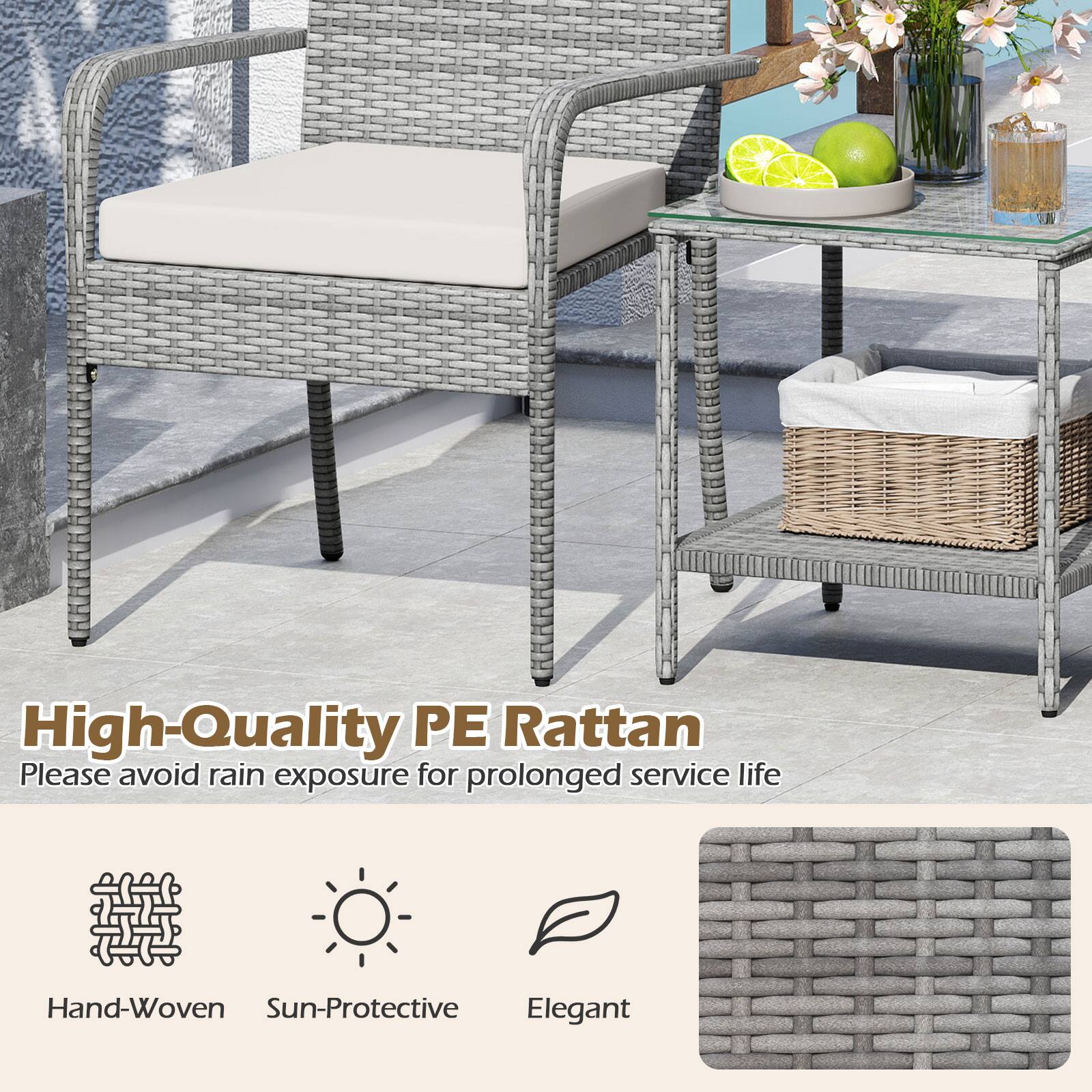 High-Quality PE Rattan  
Please avoid rain exposure for prolonged service life  

Hand-Woven  
Sun-Protective  
Elegant