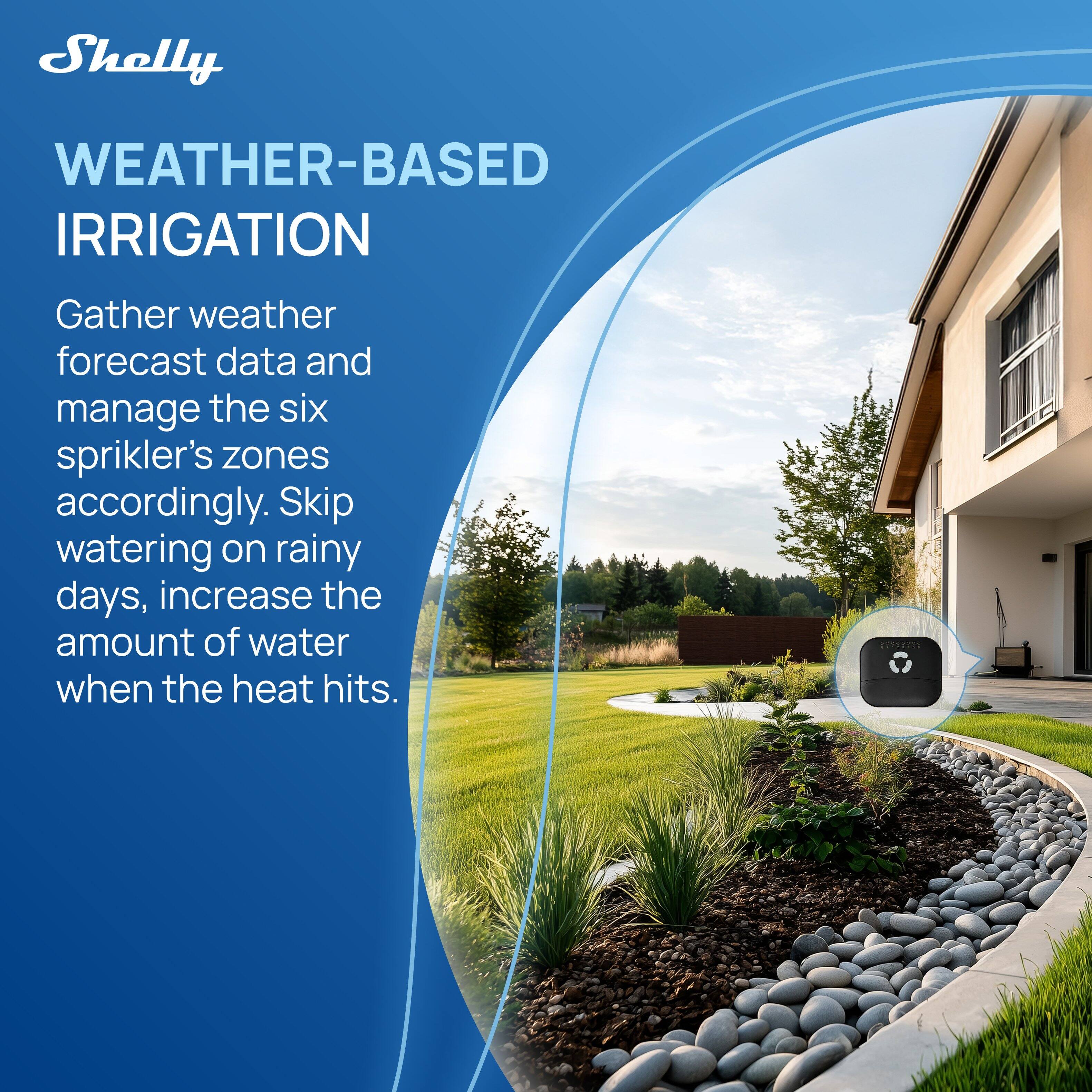 Shelly WEATHER-BASED IRRIGATION Gather weather forecast data and manage the six sprinkler's zones accordingly. Skip watering on rainy days, increase the amount of water when the heat hits.