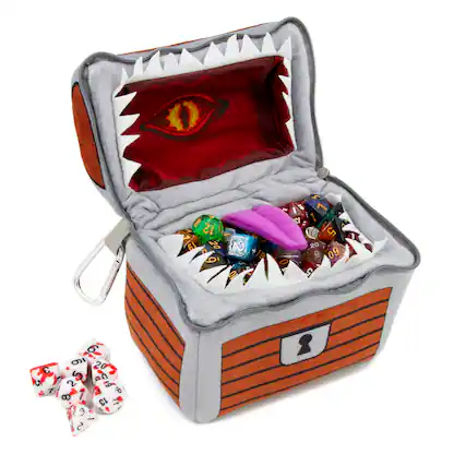 Front. CASEMATIX - Mimic Dice Chest – Plush 6.5" DND Dice Case with Zipper, Carabiner & 7 RPG Dice Set, Holds Up to 150 Dice - Brown.