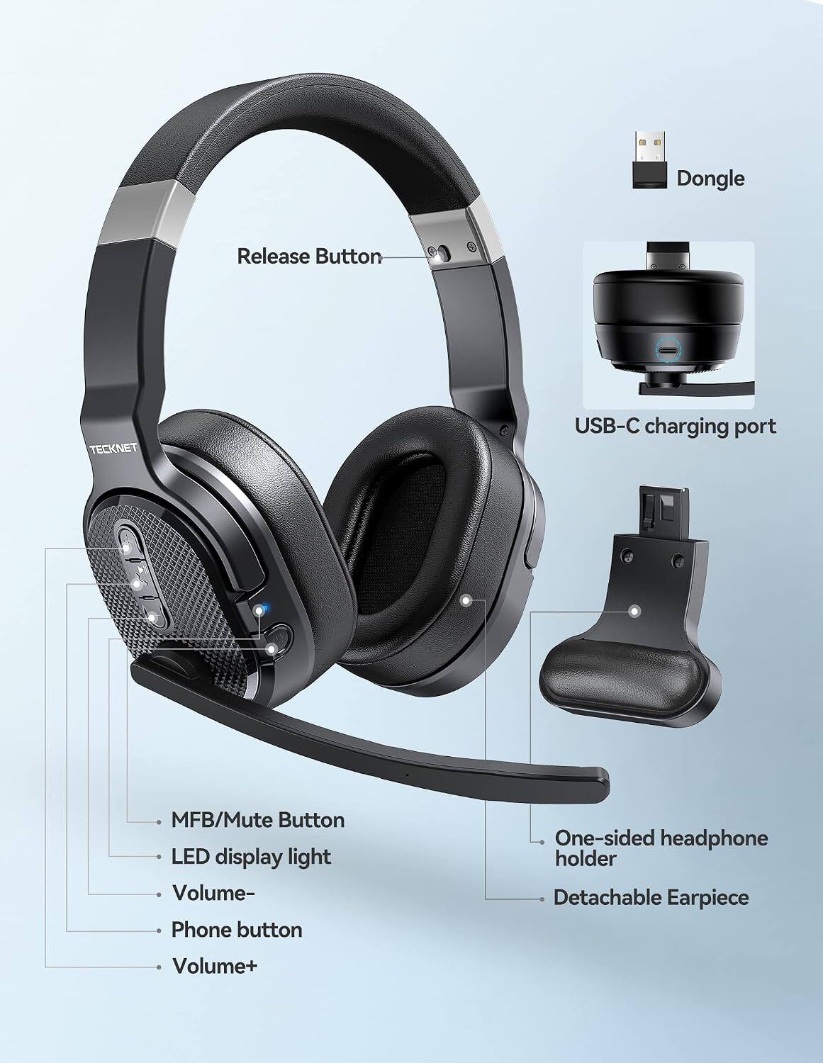 - Dongle
- Release Button
- TECKNET
- USB-C charging port
- MFB/Mute Button
- LED display light
- Volume-
- Phone button
- Volume+
- One-sided headphone holder
- Detachable Earpiece