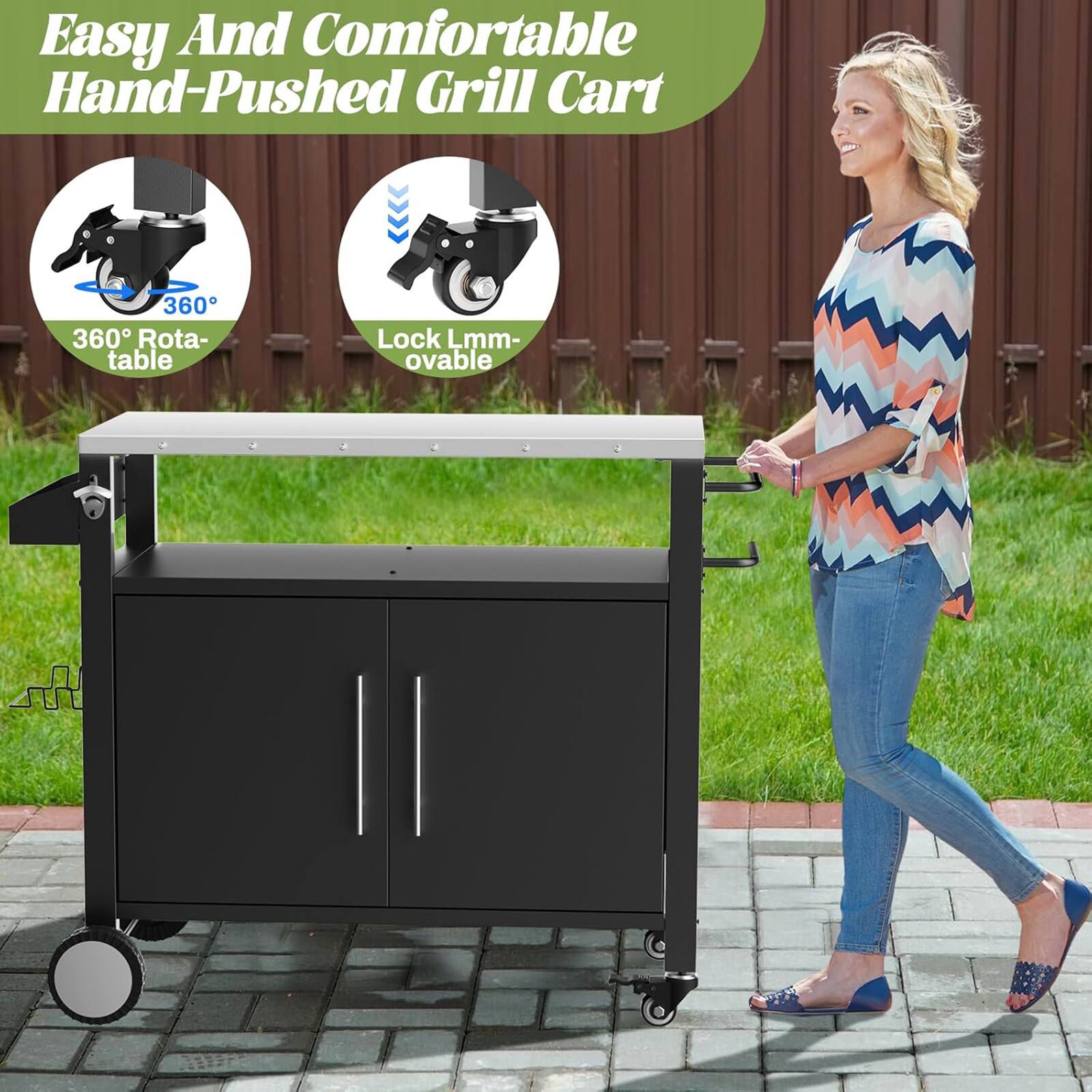 Easy And Comfortable Hand-Pushed Grill Cart

360° Rota- table

Lock Lmm- ovable